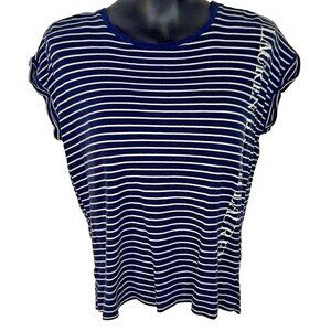 Lauren Ralph Lauren - Women's M Cuff Sleeve Tee Blue White Stripe Brand on Front